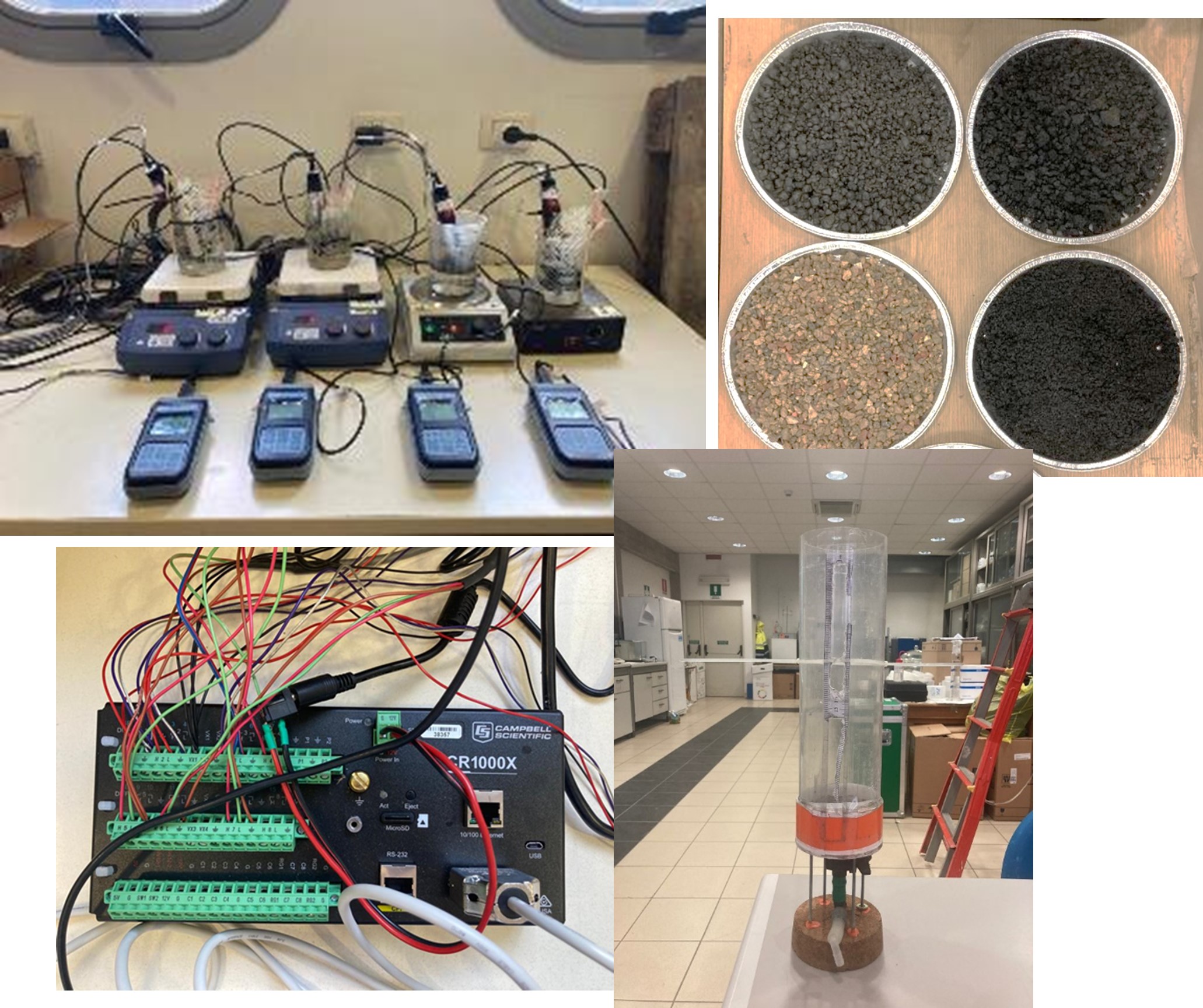 Prove di laboratorio per valutare la stabilità chimica (conduttivimetri, piastre magnetiche, sonde di pH e T °C) e le proprietà idrauliche (permeametro a carico costante) di substrati innovativi e sostenibili da impiegare in fitodepurazione – Di3A, Università di Catania